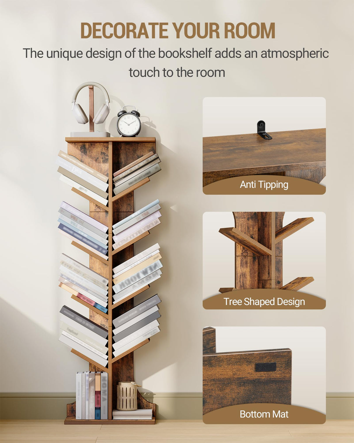Hzuaneri Tree Bookshelf, 11 Tier Narrow Bookcase, Display Shelf, Book Organizer, Small Floor Standing Book Shelf for Bedroom, Living Room, Home Office, Rustic Brown BC01601X Hzuaneri