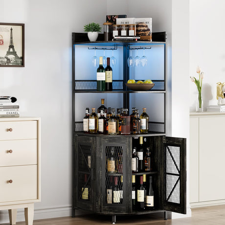 Corner Bar Cabinet with Charge Oult, 5-Tiers Wine Cabinet with LED Light and Glass Holder, Tall Home Liquor Cabinet for Living Room, Corner Display Cabinet for Home HobbyField