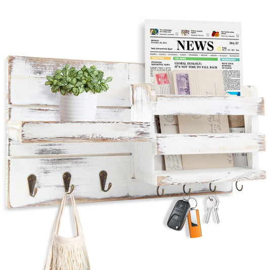 SLLPL Wood Mail Organizer Wall-Mounted - Mail Holder with Key Hooks, Key Holder for Wall Decorative, Mail and Key Holder with Shelf for Leash and Bills, Rustic Mail Sorter for Entryway, White