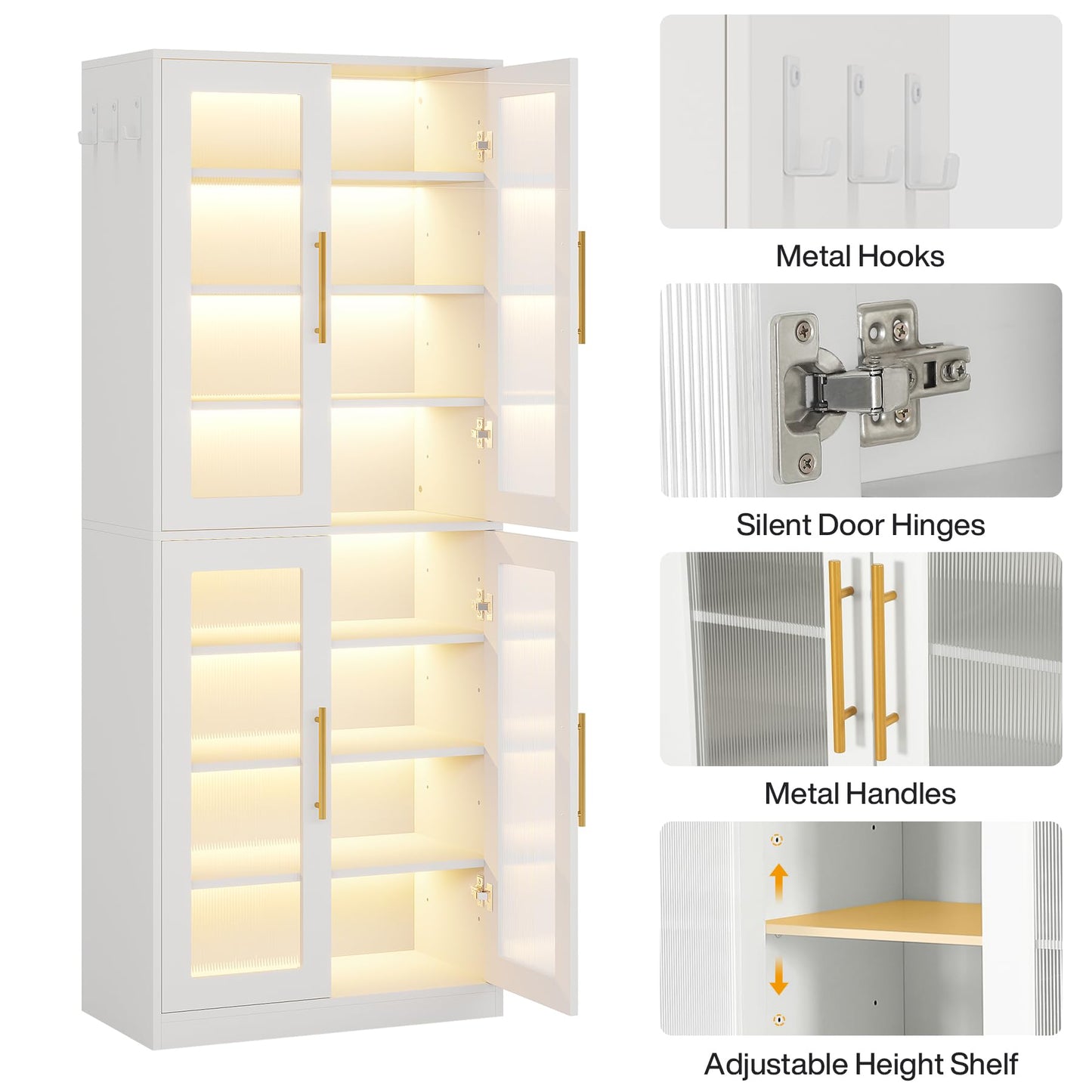 Tribesigns Tall Shoe Storage Cabinet with Acrylic Doors and LED Lights, 8-Tier Entryway Shoe Organizer Rack with Adjustable Shelves and Hanging Hooks for Narrow Closet, Hallway, Living Room, White