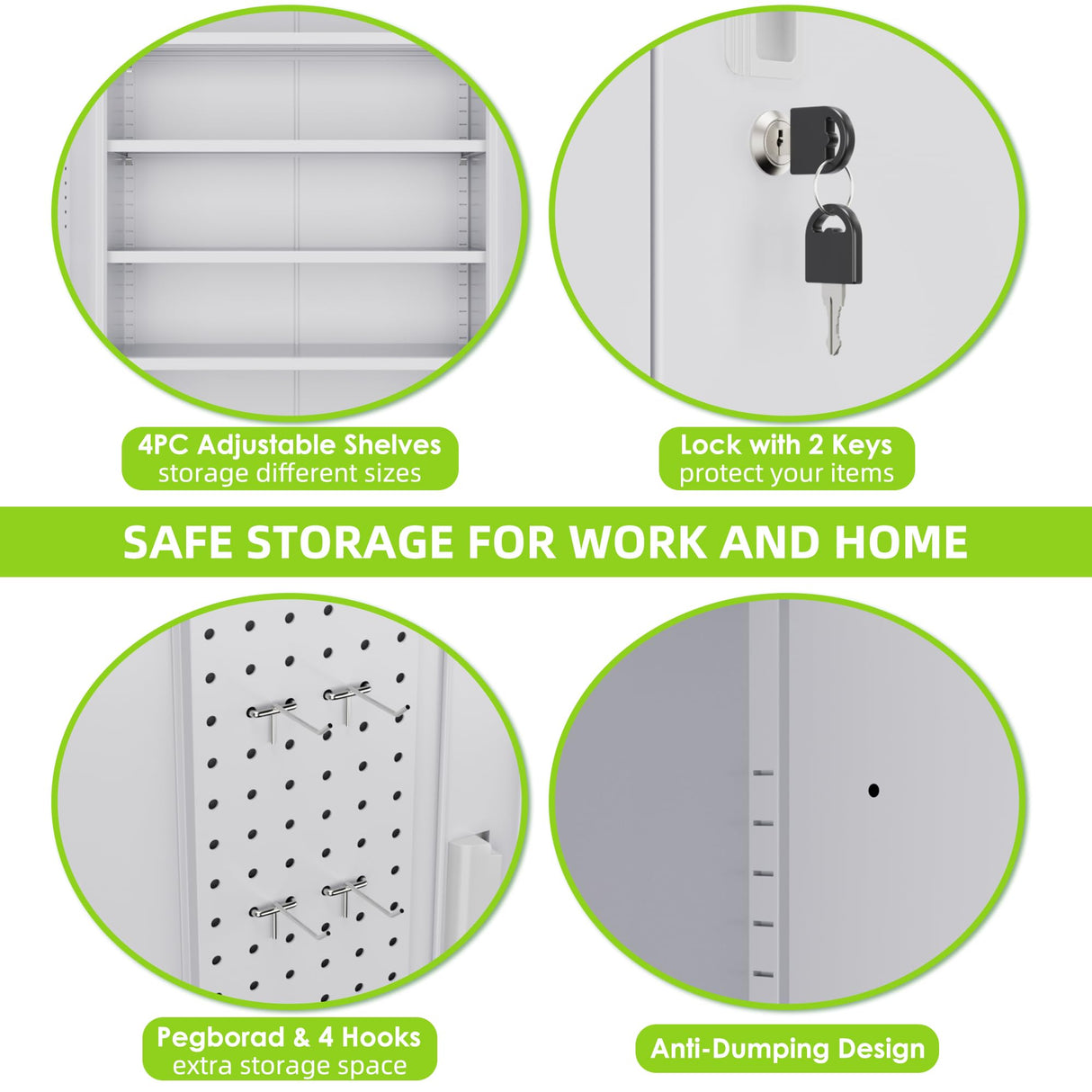 JAORD Garage Storage Cabinets with Wheels and Pegboard, 73" H Metal Storage Cabinet with Locking Doors and 4 Adjustable Shelves for Garage Home, Assembly Required, White JAORD