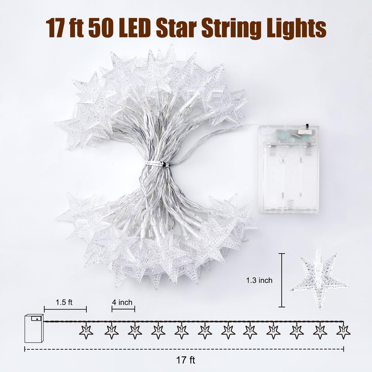Minetom Star String Lights Battery Operated - 17 ft 50 LED Star Fairy String Lights with Timer, Waterproof for Indoor Bedroom Tent Loft Bed Patio Party Wedding Decor, Warm White Minetom