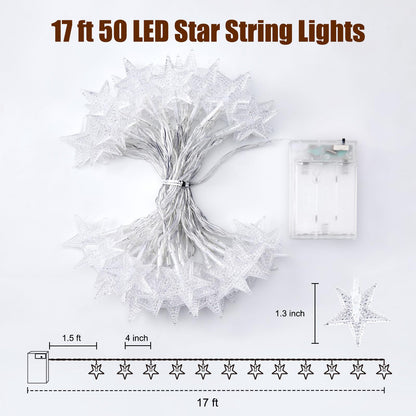 Minetom Star String Lights Battery Operated - 17 ft 50 LED Star Fairy String Lights with Timer, Waterproof for Indoor Bedroom Tent Loft Bed Patio Party Wedding Decor, Warm White