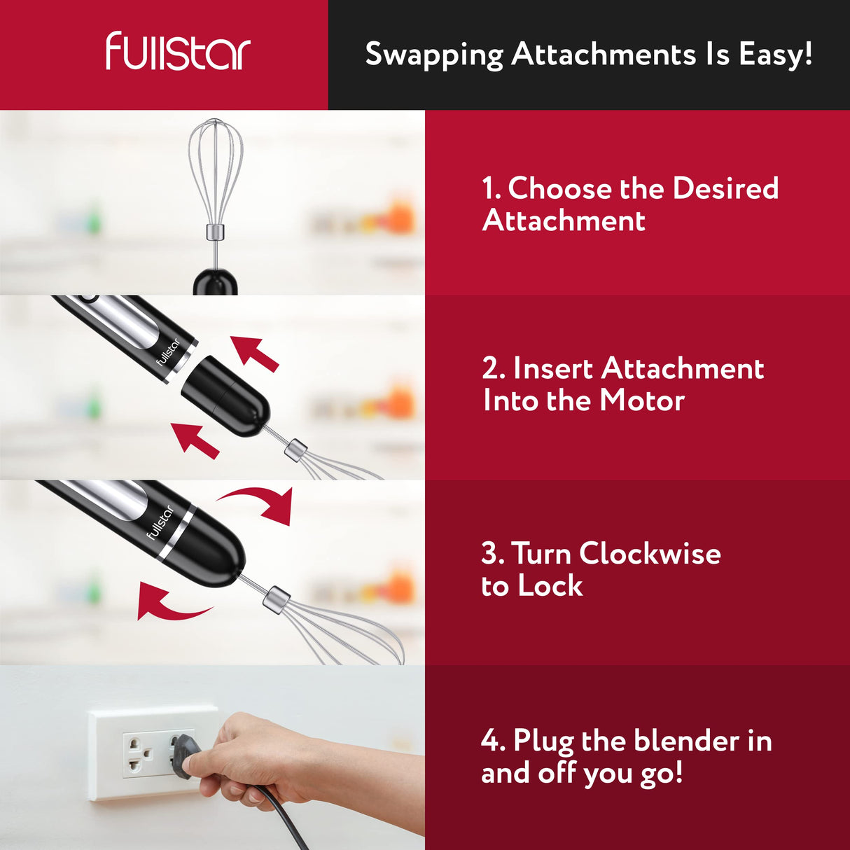 Immersion Blender Set, Hand Blender Electric, Immersion Blender Handheld, 9-Speed, 500W Handheld Blender - Hand Blenders Immersion, Hand Mixer Electric Blenders, Smoothie Blender (3-in-1, Black) fullstar