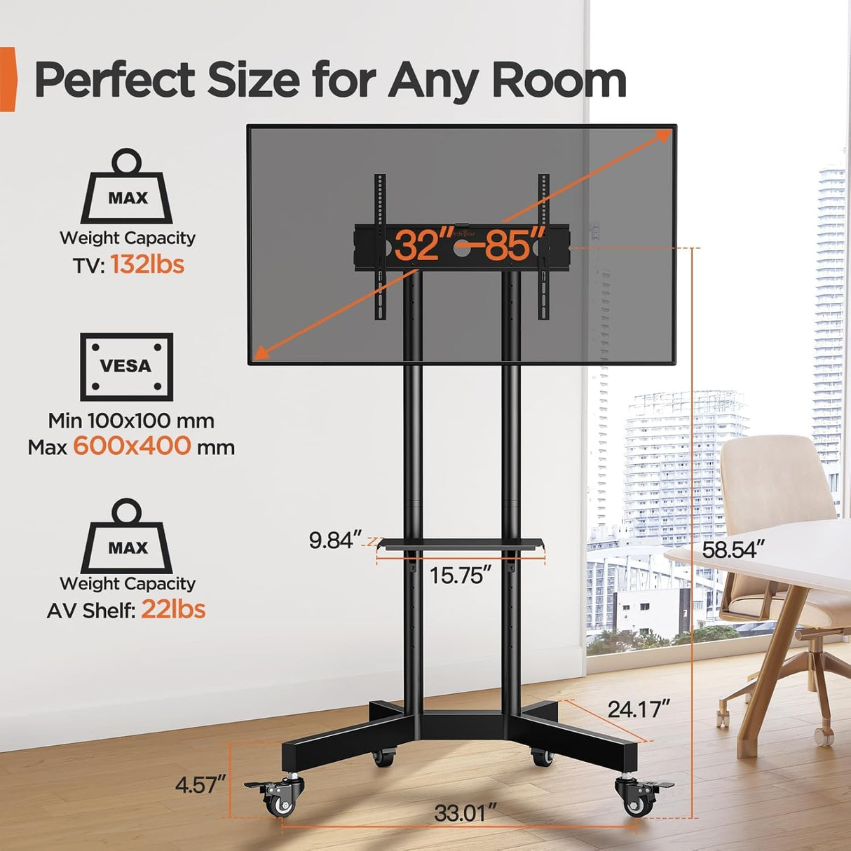 Perlegear Rolling TV Stand, Mobile TV Stand on Wheels for 32-85 Inch Screens up to 132 lbs, Height Adjustable Mobile TV Cart with Metal Shelf, Rolling TV Cart with Lockable Wheels Max VESA 600x400mm Perlegear