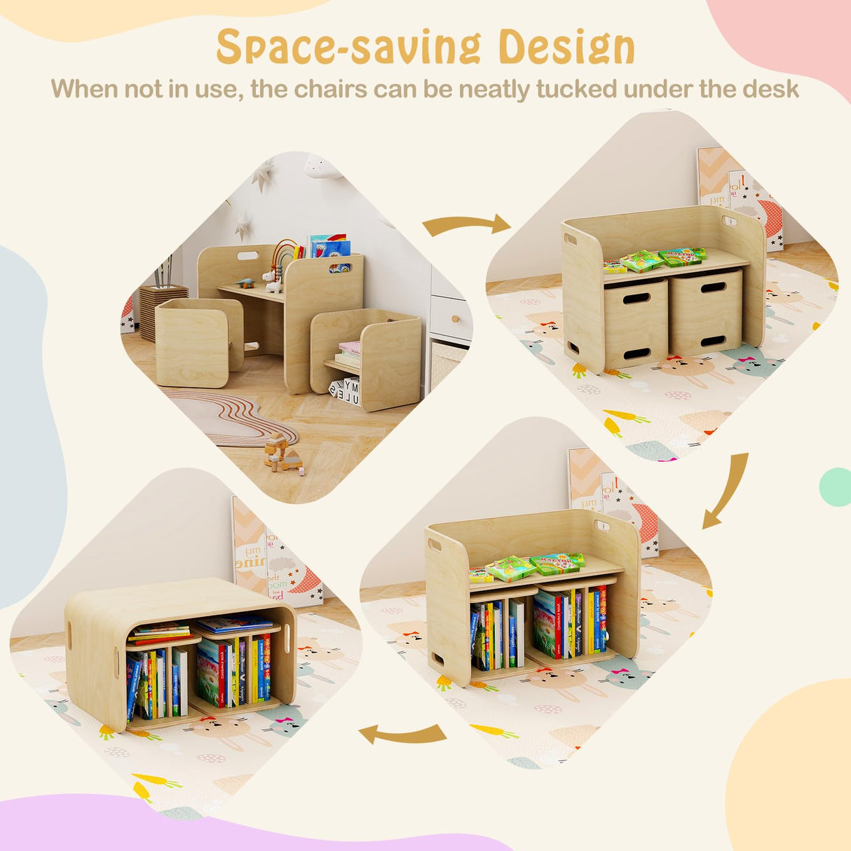 Costzon Kids Table and Chair Set, 4 in 1 Wood Activity Table, Bench, Storage Shelves, Desk for Children Reading, Arts, Crafts, Snack Time, Playroom, Fully Assembled, Toddler Table & Chair Set, Natural Costzon