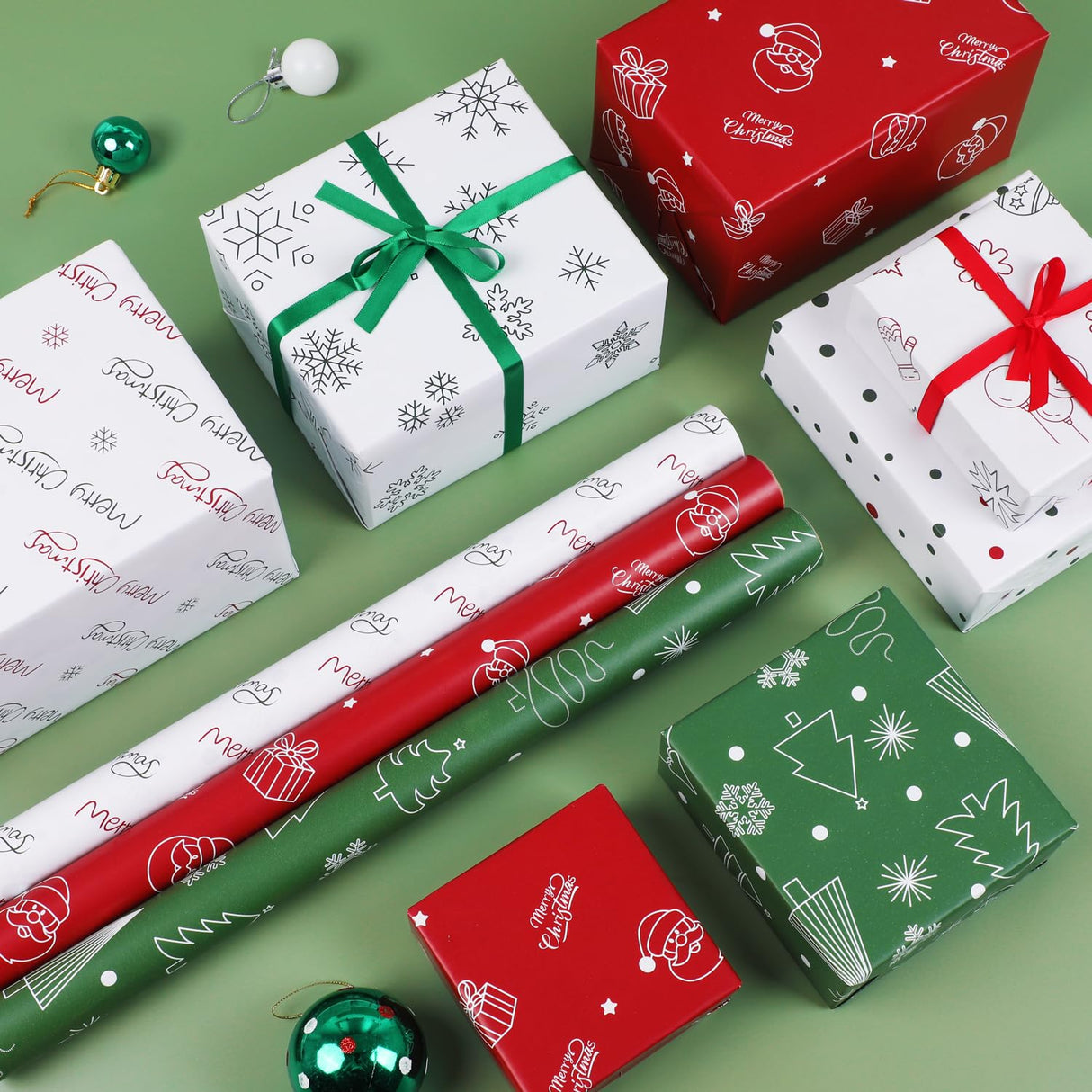 WRAP STORM Reversible Christmas Wrapping Paper – 3 Rolls (17" x 120") – Gift Wrap with 6 Holiday Designs: Santa, Trees, Snowflakes & Festive Dots WRAP STORM