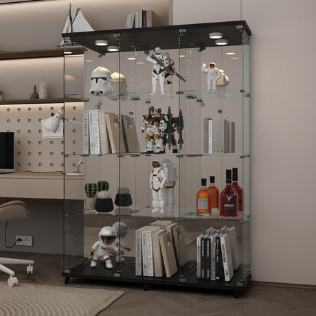 LFT HUIMEI2Y Glass Display Cabinet 12 Shelves with 3 Columns, LED Light, Mirror and Lock, Curio Cabinets Quick-Install Style Tempered Glass Floor Standing Bookshelf for Living Room, Kitchen Black LFT HUIMEI2Y