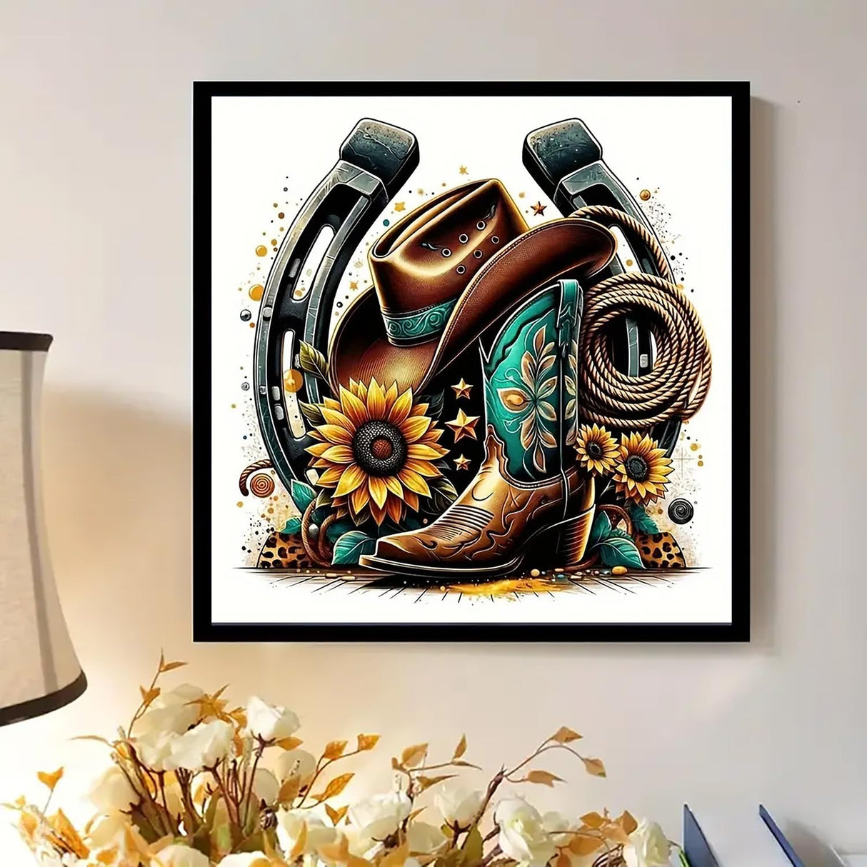 Diamond Art Painting Kits for Adults, Cowboy Hat 5D Diamond Painting Dots Art Kits for Adults Beginner, DIY Full Round Gem Crystal Art Paint by Diamond Boots, Home Wall Decor 14x 14 in BYGFHLYW