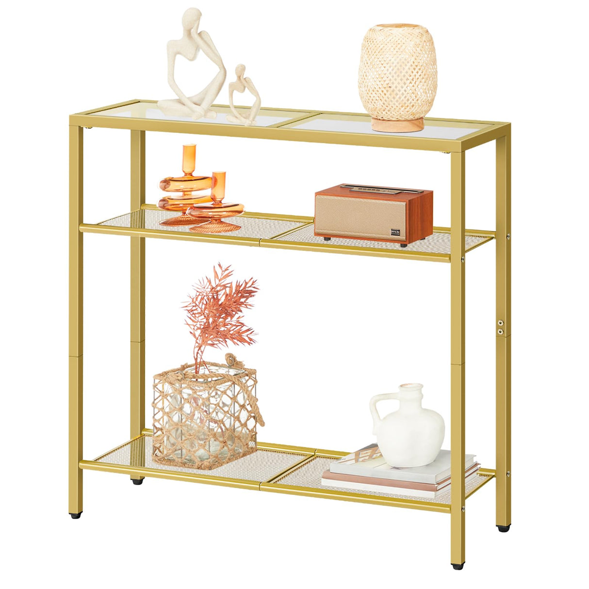 HOOBRO 29.5" Narrow Console Table, 3-Tier Tempered Glass Sofa Table, Small Side Table, Modern Entryway Table, for Entrance, Living Room, Foyer, Hallway Bedroom, Gold GD21XG01G1 HOOBRO