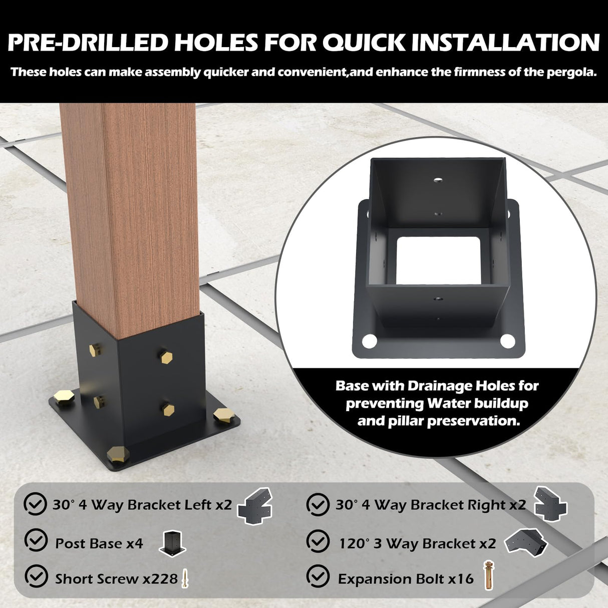 Grehitk Pergola Kit, Slanted Roof Pergola Brackets Kit, DIY Pergola Kit 3-Way 120° Corner Bracket and 40°4-Way Corner Bracket with Pergola Post Base for 4x4''Wood Beams Elevated Wood Stand Kit Grehitk