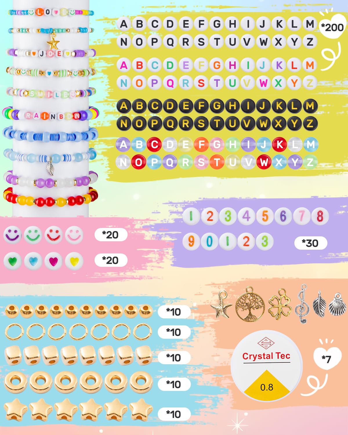 Taybonds Friendship Bracelet Making Kit- 24 Colors Beads Kit for Bracelets with Clay Beads, 4mm Seed Beads, Pony Beads, 8mm Glass Beads, Letter Beads and Charms, Jewelry Making Kit Gift for Girls 6-12 Taybonds