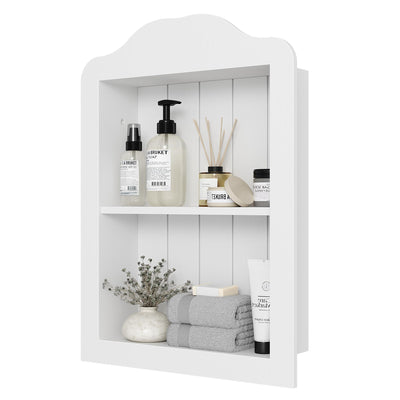 CJL 14'' x 18'' Recessed Medicine Cabinet, Solid Wood in-Wall Bathroom Cabinet, Arched Wall Niche Shelf, 2-Tier, White