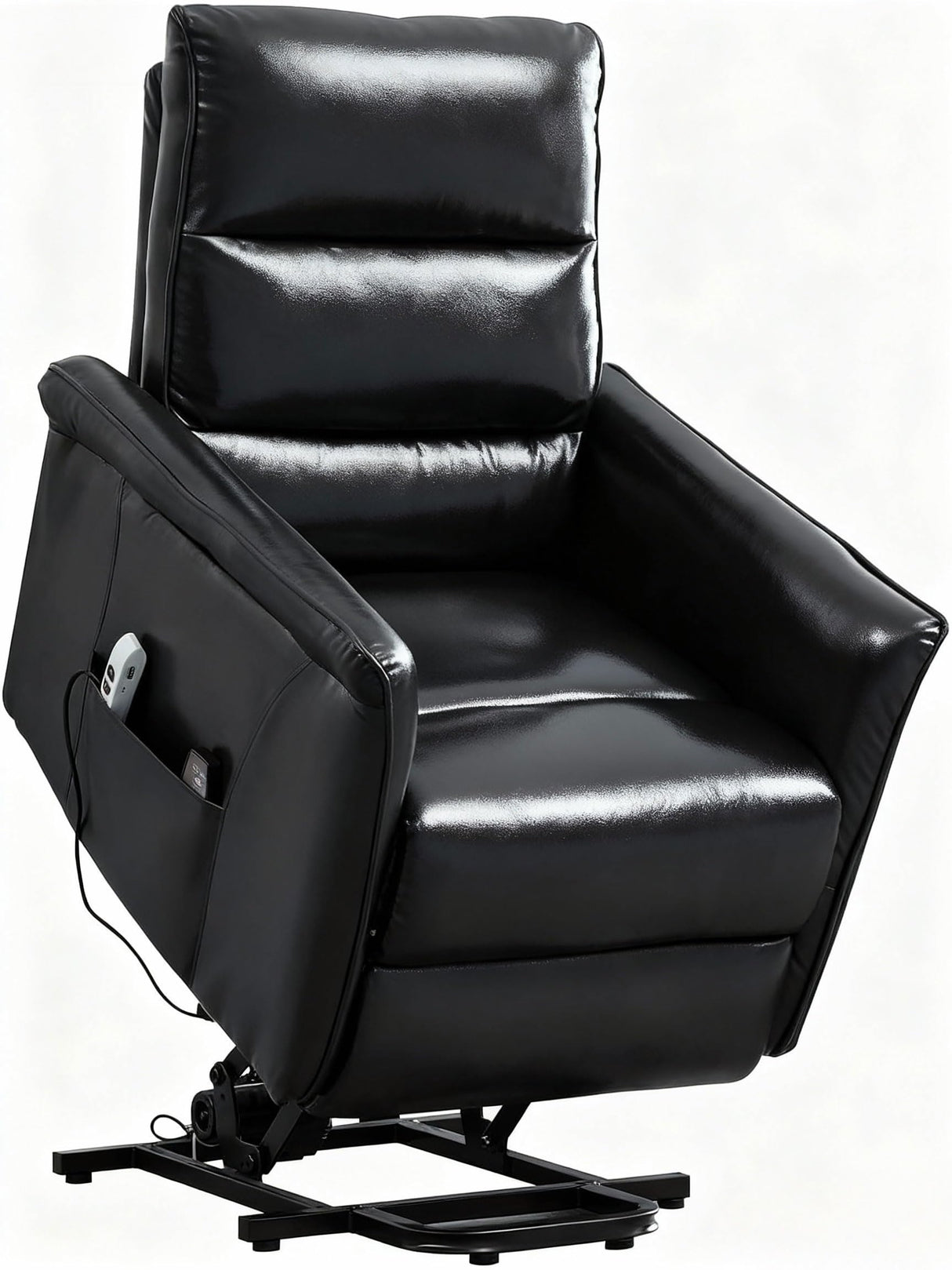 MANBUR Power Lift Recliner for Elderly with Vibration Massage and Lumbar Heat, Electric PU Leather Lift Chair, Adjustable Reclining Chair with Side Pockets,LED Light,USB Port for Small Space(Black) MANBUR