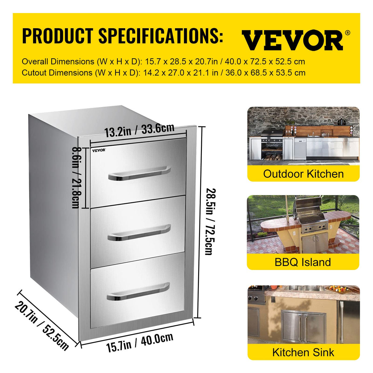 VEVOR Outdoor Kitchen Cabinets 16 W x 28.5 H x 20.5" D, BBQ Drawers Stainless Steel, Outdoor Kitchen Access Drawers with Handle, BBQ Island Drawers Flush Mount Triple Access, Patio Grill Station VEVOR