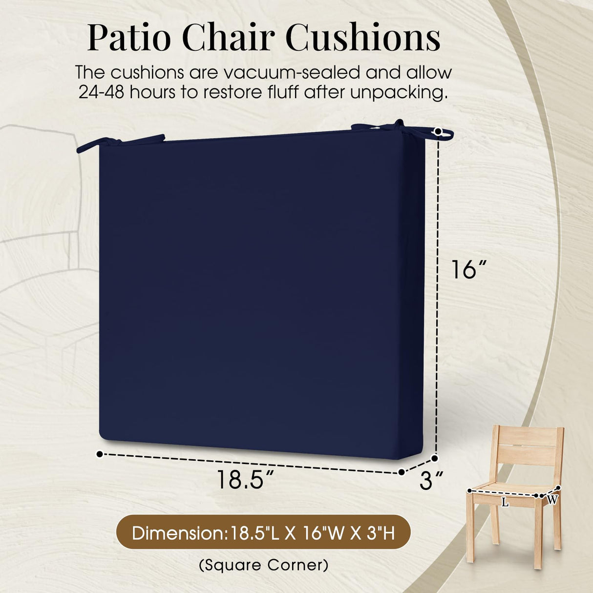 downluxe Outdoor Chair Cushions Set of 4 for Patio Furniture, Waterproof Square Corner Patio Chair Cushions with Ties, Memory Foam Outdoor Seat Cushion, 18.5" X 16" X 3", Navy downluxe