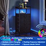 Furnulem 5 Drawer Nightstand with Shelf, Tall Black Dresser for Bedroom with Led Light and Charging Station, Bed Side Table for Living Room, Fabric Storage Bins, Metal Frame, Wood Furniture Furnulem