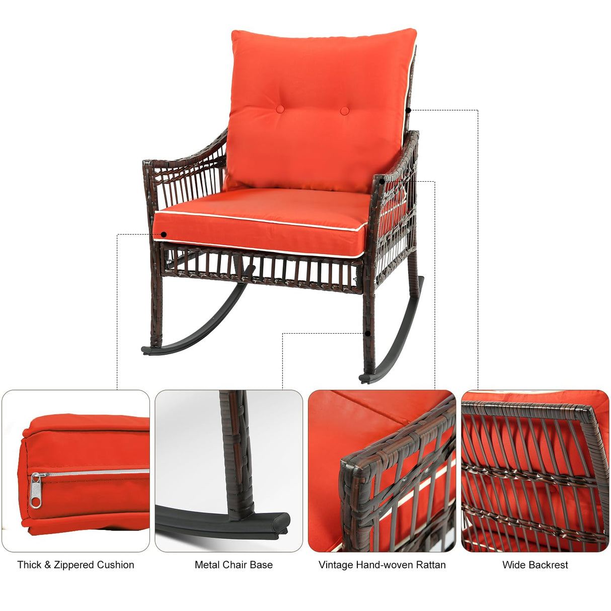 CIRMUBUY 6-Piece Patio Furniture Set,Outdoor Rocking Chairs Set of 2, Patio Conversation Set with 4 Wicker Chairs with 2 Glass Coffee Tables and Cushions for Backyard, Bistro (Carrot) CIRMUBUY