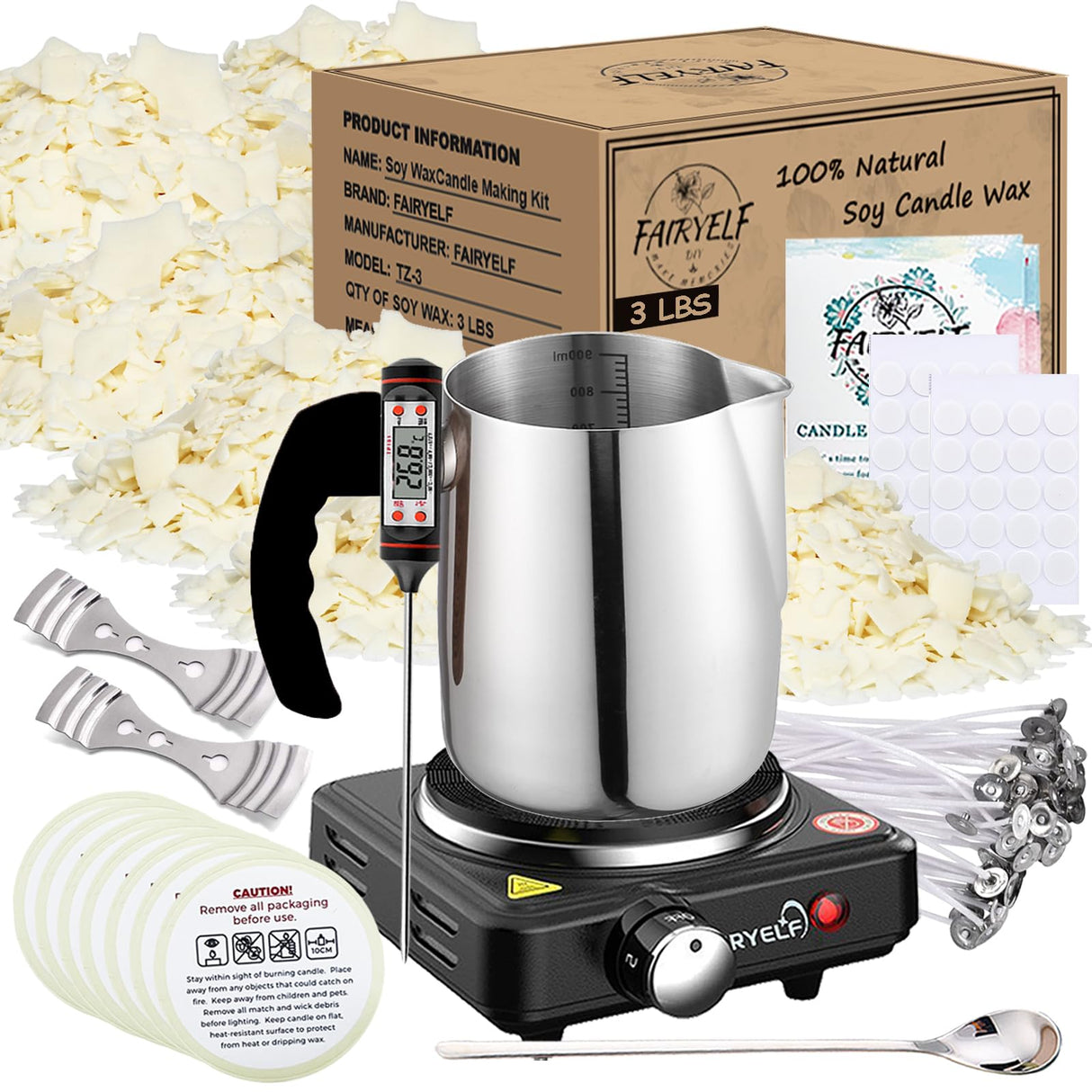 Soy Wax Candle Making Kit Supplies with Wax Melter, Natural Candle Wax for Candle Making - DIY Candle Making Supplies, Including 3lbs Soy Wax Flakes, Melting Pot, Electric Stove, Candle Wick FAIRYELF