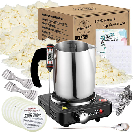 Soy Wax Candle Making Kit Supplies with Wax Melter, Natural Candle Wax for Candle Making - DIY Candle Making Supplies, Including 3lbs Soy Wax Flakes, Melting Pot, Electric Stove, Candle Wick FAIRYELF