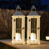 Bdor 2 Pack 26in Farmhouse White Waterproof Wood Metal Decorative Lanterns with Remote Control, Timer, Tempered Glass, Flameless Pillar Candles, Decorative Lanterns for Front Porch, Wedding Bdor