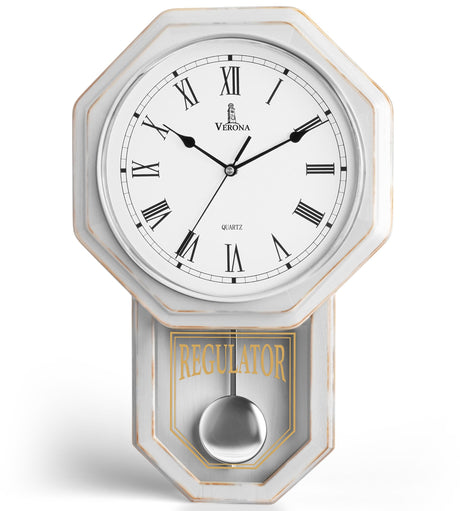 White Pendulum Wall Clock - Rustic Wooden Farmhouse Wall Clock - Regulator Clock Battery Operated - Wood Pendulum Clock - Decorative Wall Clocks for Living Room Decor, Home, Office and Gift 18x11 Lovely Home Essentials