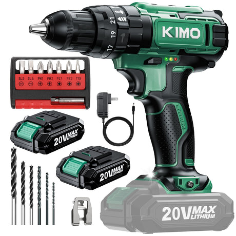 KIMO Hammer Drill - 20V 2X Battery Hammer Drill Cordless Drill Set, 3/8" Keyless Chuck, 350 In-lb Torque, 1350 RPM, 21+3 Position,14pcs Drill/Driver Bits, Power Drill Drivers for Brick Wall Concrete K I M O.