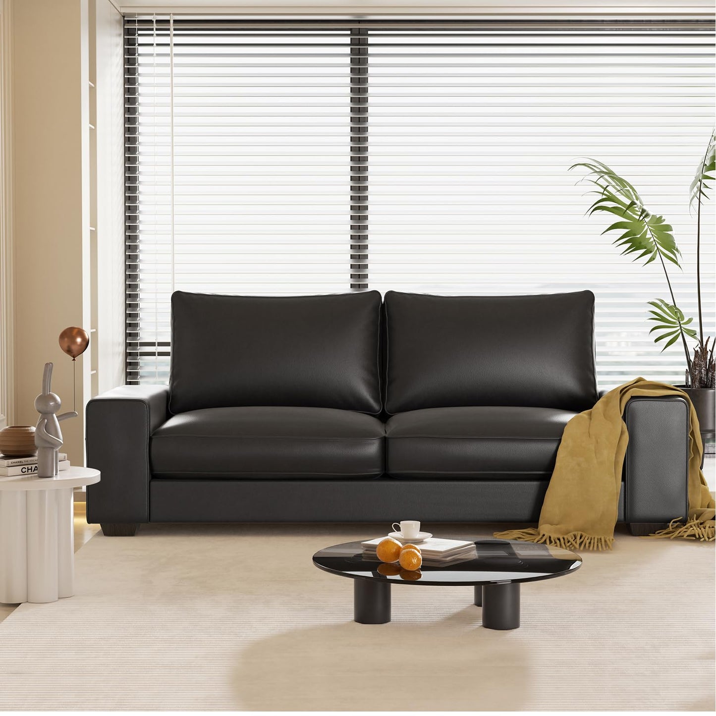 Valthie Faux Leather Couch, Mid Century Modern Comfy Loveseat Sofa with Wide Arm, Side Pockets, Solid Wooden Frame for Office, Living Room and Bedroom, 2 Seater (Black, 71.25 Inches)