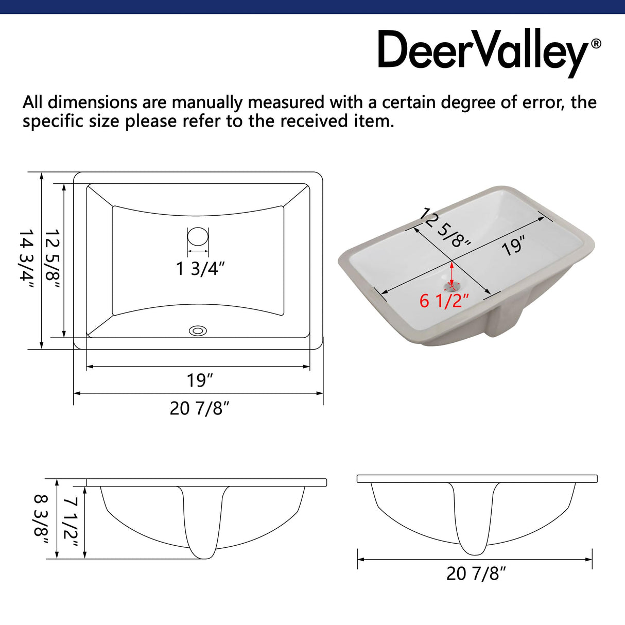 DeerValley DV-1U101 Ally Undermount Bathroom Sink Rectangular, 21'' x 15'' Vessel Sink Rectrangle Undermount Bathroom Sink White Ceramic Lavatory Vanity Vessel Sink with Overflow Deer Valley