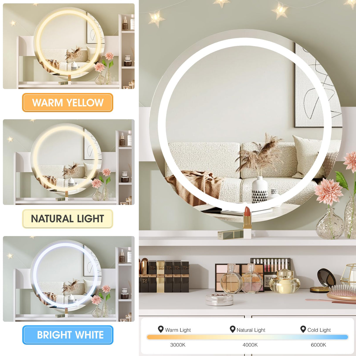 Vabches Vanity with Round Mirror and Lights,39 Inch Makeup Vanity Table with 3 Storage Compartments&Drawers,White Vanity with Glass Door Cabinet&Power Strip,Dressing Table for Bedroom Vabches