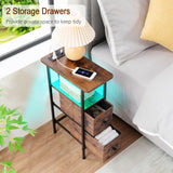 LOAKEKEL Narrow End Table Living Room with Charging Station, Skinny Side Table with Fabric Drawers, Slim LED Nightstand for Bedroom, Small Spaces, Couch, Rustic Brown, HETNDP02LPBR-1 LOAKEKEL