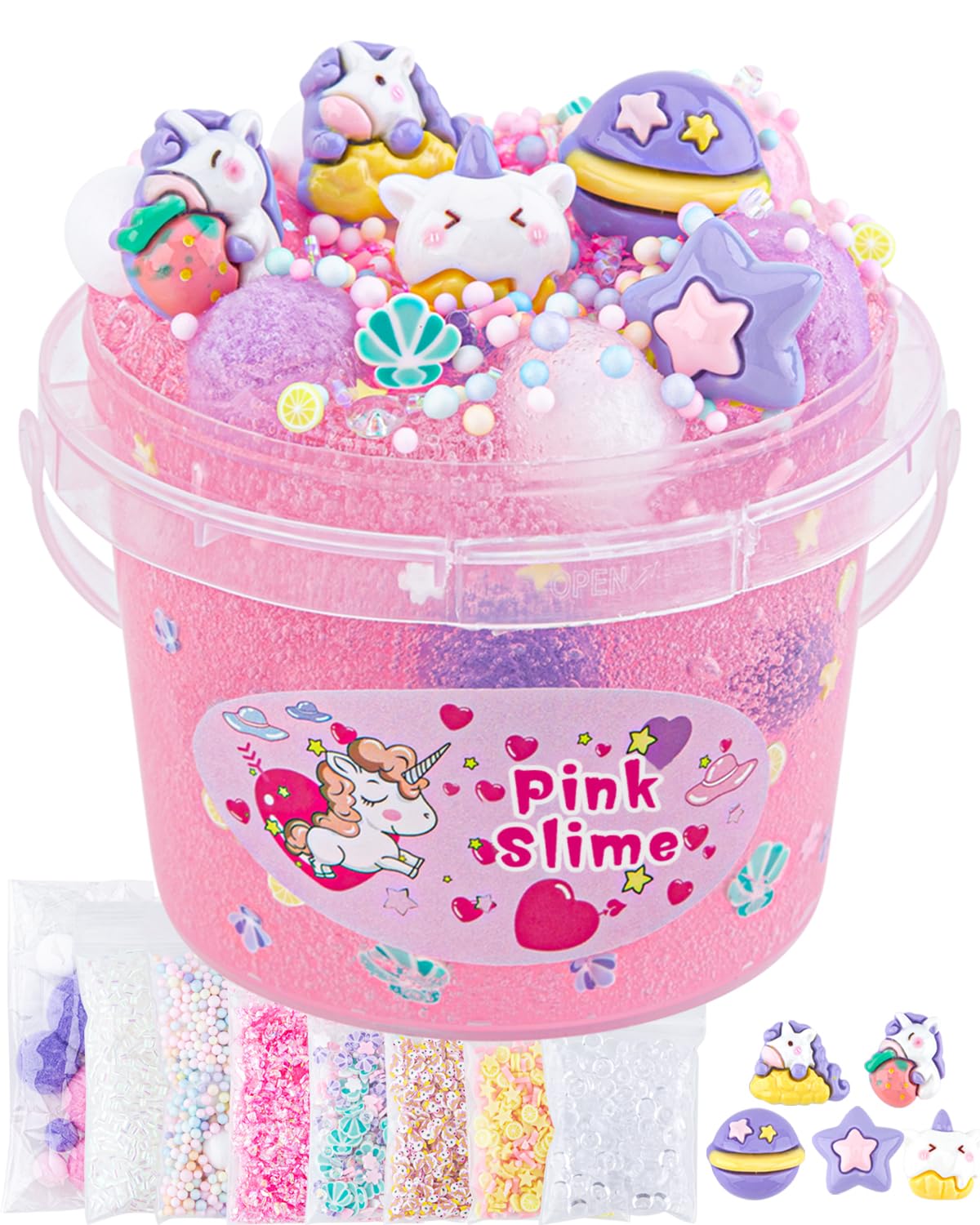 10 FL OZ Unicorn Slime Kit, Pink Clear Slime Bucket, Slimes Party Favors for Kids, Glimmer Crunchy Slimes Includes 9 Packs of Add-ins, Sensory Experience DIY Toys for Girls and Boys Ages 8-12 Okaybee