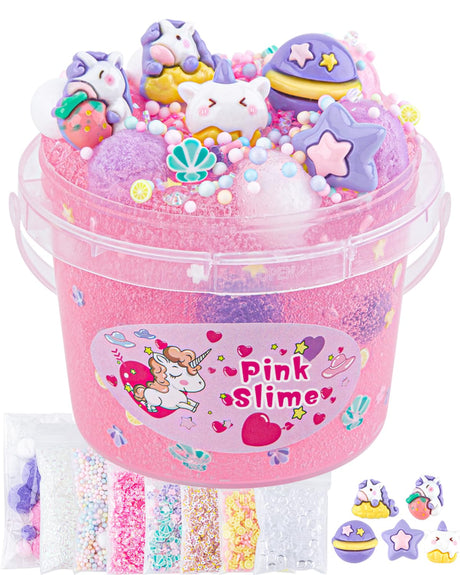 10 FL OZ Unicorn Slime Kit, Pink Clear Slime Bucket, Slimes Party Favors for Kids, Glimmer Crunchy Slimes Includes 9 Packs of Add-ins, Sensory Experience DIY Toys for Girls and Boys Ages 8-12 Okaybee
