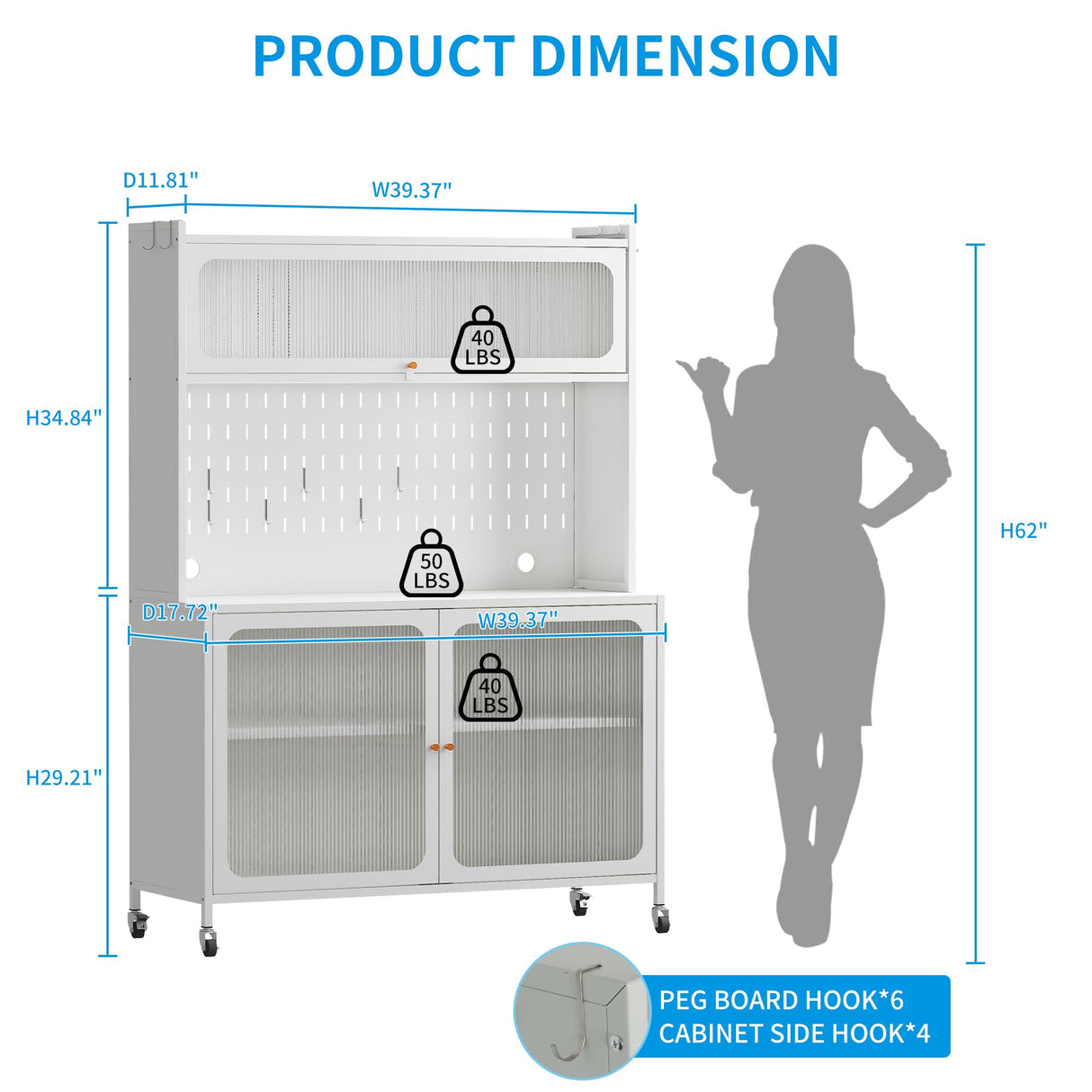 VIYET Kitchen Bakers Rack with Flip Door Cabinet, Metal Microwave Stand with Storage Cabinet and Metal Pegboard Panels for Kitchen, Pantry, Home(White) VIYET