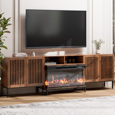 BVIUNTWO 3-Sided Glass Farmhouse Fireplace TV Stand for TVs Up to 100 Inch, Entertainment Center with 36" Electric Fireplace, TV Console with Storage Cabinets for Living Room,Dark Brown