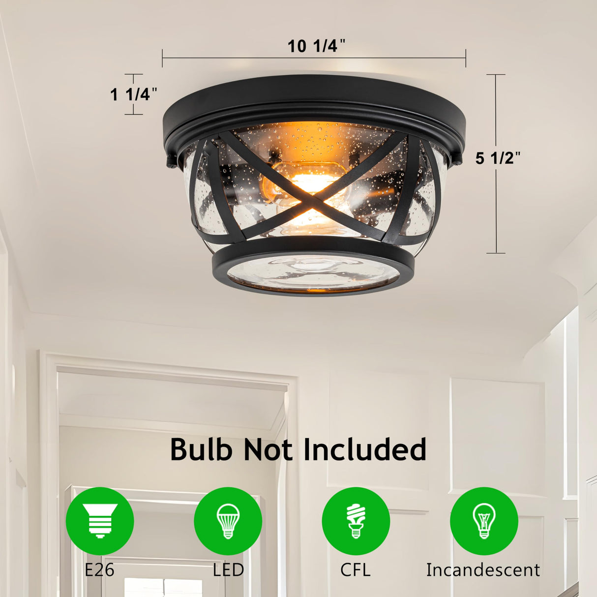 Flush Mount Ceiling Light Fixture Black, 2-Light Modern Farmhouse Porch Light Ceiling Mount for Outdoor, Indoor Flush Mount Light Fixture for Hallway Foyer Kitchen Bathroom with Seeded Glass Laplusbelle