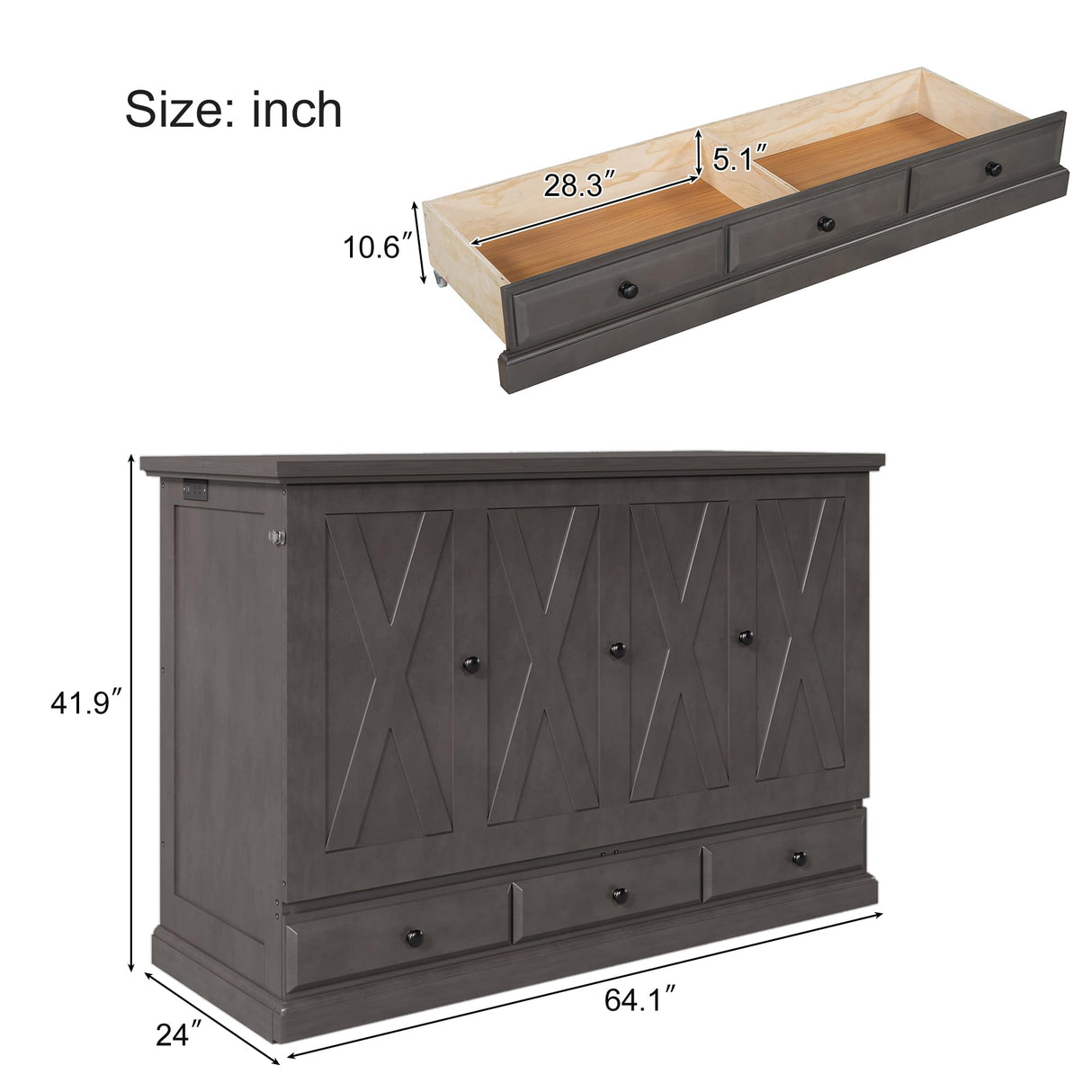 Harper & Bright Designs Queen Size Murphy Bed, Solid Pine Queen Murphy Frame Chest Cube Cabinet Bed with Charging Station and Large Drawer for Home Office or Small Room, Gray Harper & Bright Designs