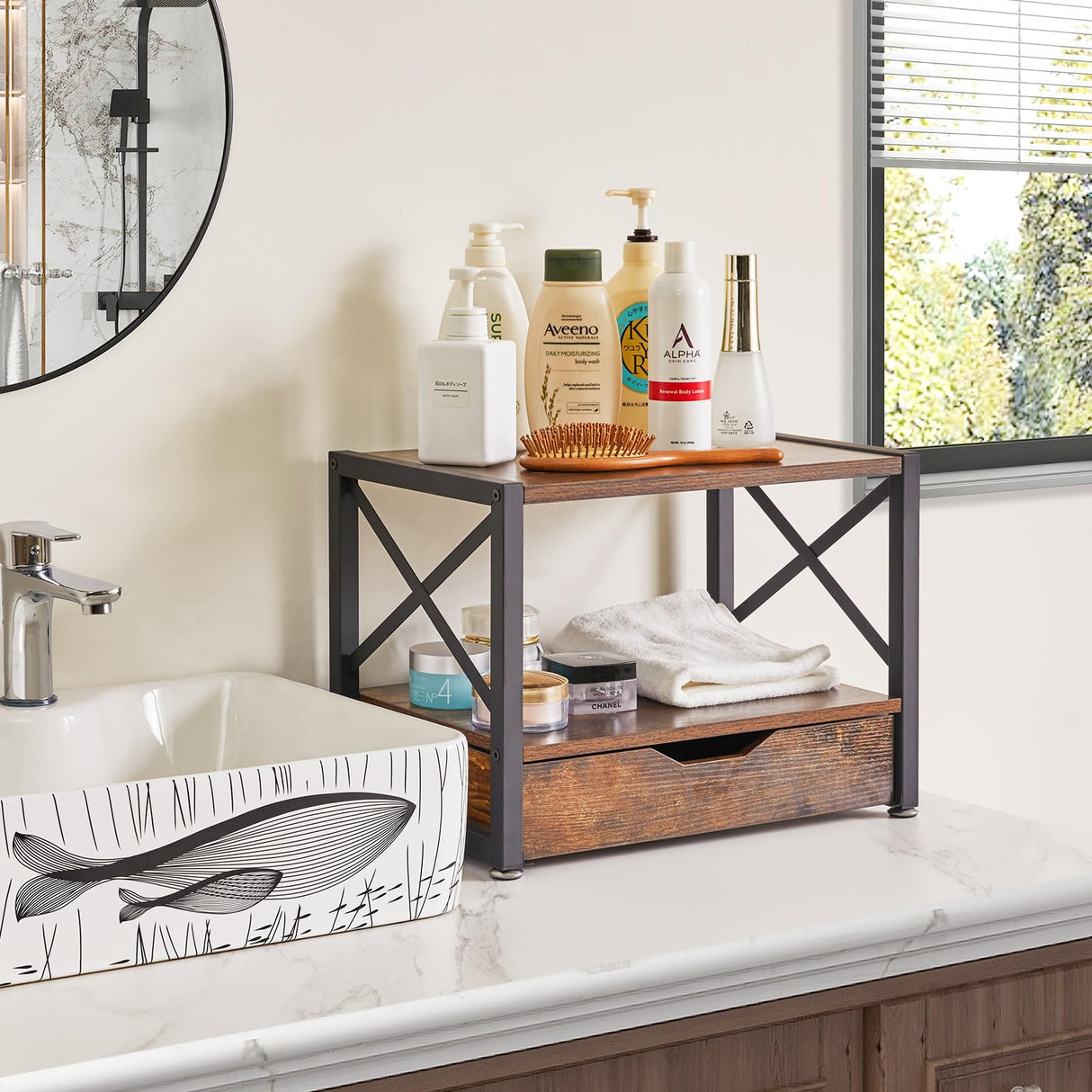 IBUYKE 2 Tier Desktop Printer Stand,Multi-Purpose Desk Organizer,Wooden Printer Stand with Drawer Storage for Folders,Books,for Fax Machine, Scanner,Home Office,Rustic Brown UTLJ006H IBUYKE