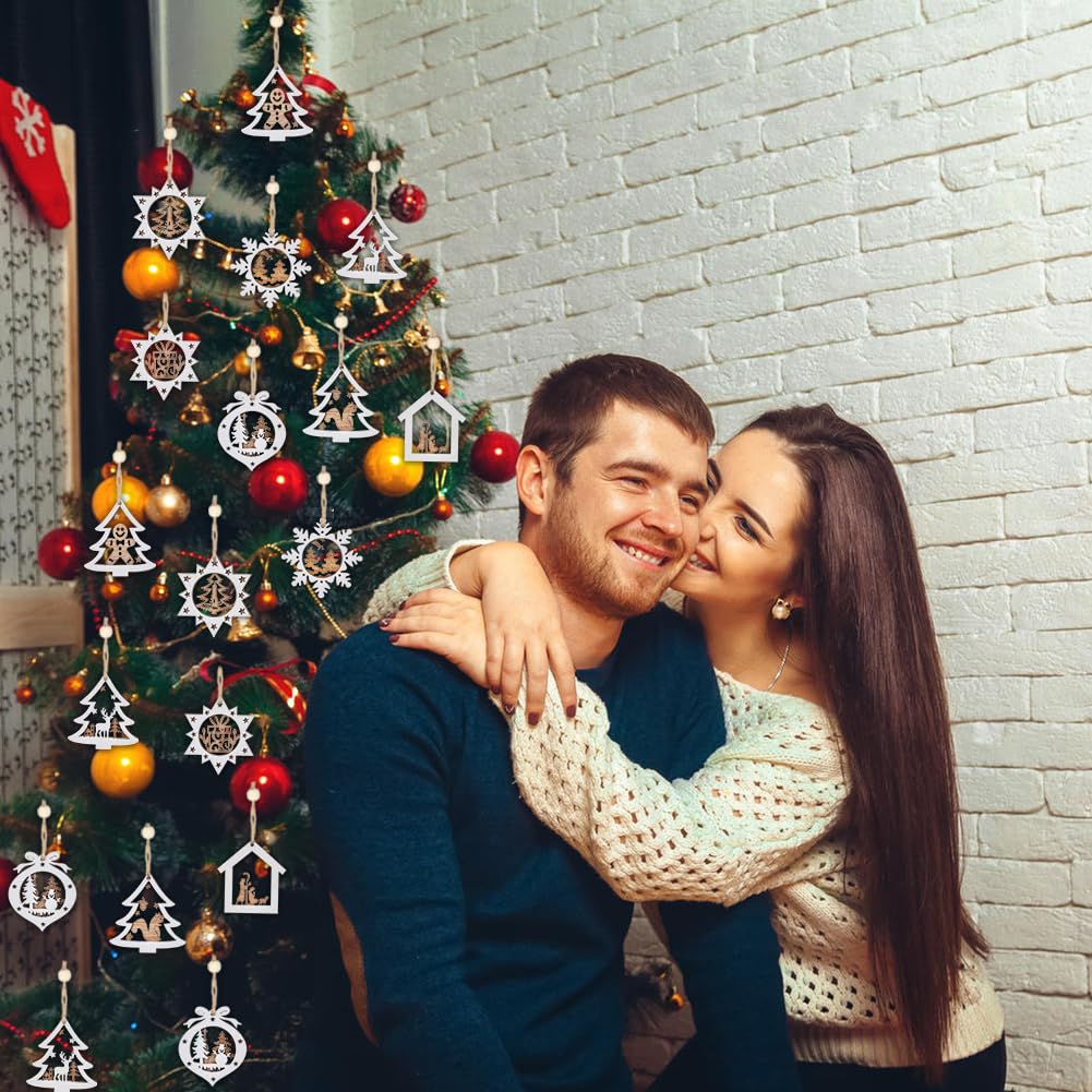 Ovootok Wooden Christmas Tree Ornaments, 27PCs 3D Hanging Christmas Decorations, Rustic Farmhouse & Winter Wonderland Ornaments for Christmas Tree Xmas Party, Santa Claus Snowman Snowflake (White) Ovootok