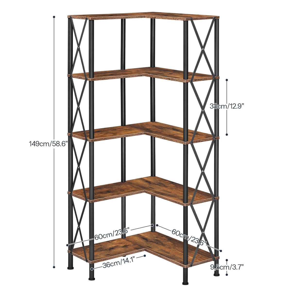 HOOBRO Corner Bookshelf, 5-Tier L-Shaped Bookcase, Industrial Open Display Shelf Tall Storage Organizer, Vertical Storage Rack, for Living Room, Home Office, Rustic Brown and Black BF60SJ01 HOOBRO