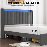 TIGUBFRE Dark Grey Full Size Upholstered Bed Frame with LED Lighting, Storage Headboard & Drawers TIGUBFRE