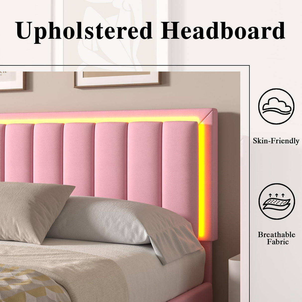 IMMERSTABLE Pink Twin Size Bed Frame with LED Headboard, Pink Upholstered Bed Frame with Double Leather Headboard, Heavy Duty Wood Slats Support, Noise-Free, No Box Spring Needed, Easy Assembly, Pink IMMERSTABLE