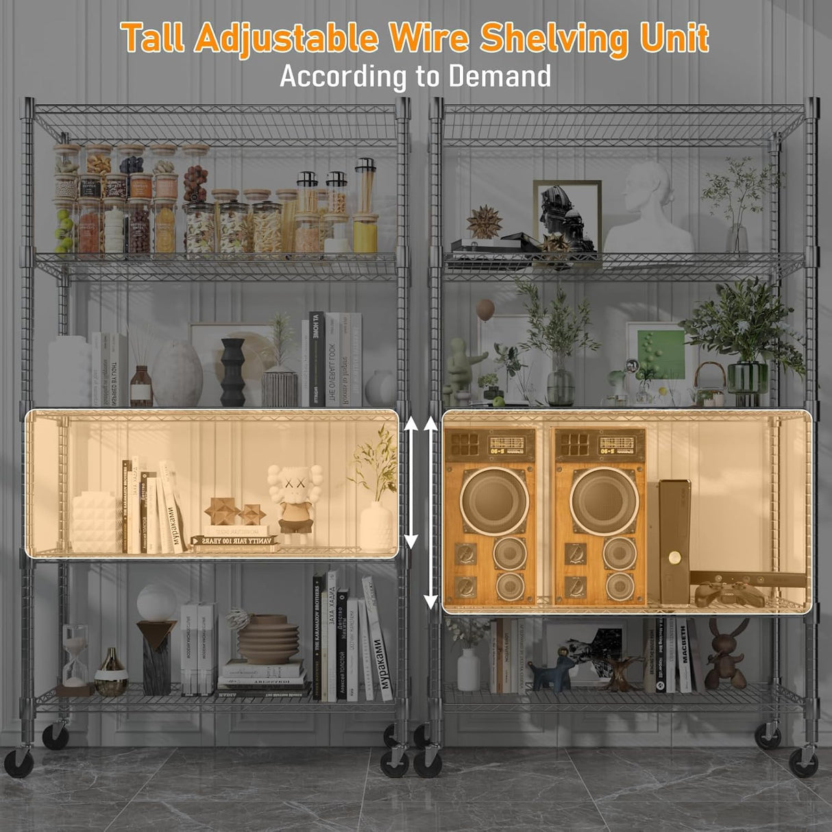 Himimi 72" H Storage Shelves 4 Tier Metal Shelving Adjustable Wire Shelf with Wheels, Heavy Duty Shelving for Garage Kitchen Pantry Bathroom Laundry,18" D*48" W*72" H, Silver Himimi