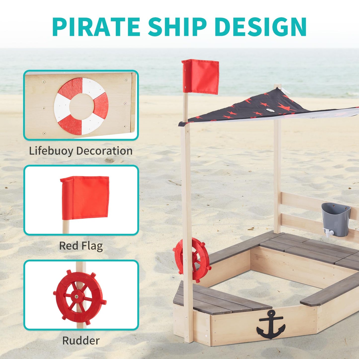 Pirate Ship Kids Sandbox with Cover, Wooden Sandbox with Storage Bench, Seat, Sink, Outdoor Sand Box for Backyard Garden, Kids Sand Boxes for Aged 3-8 Years Old, Children Playset Sandpit (Lig - WoodArtSupply