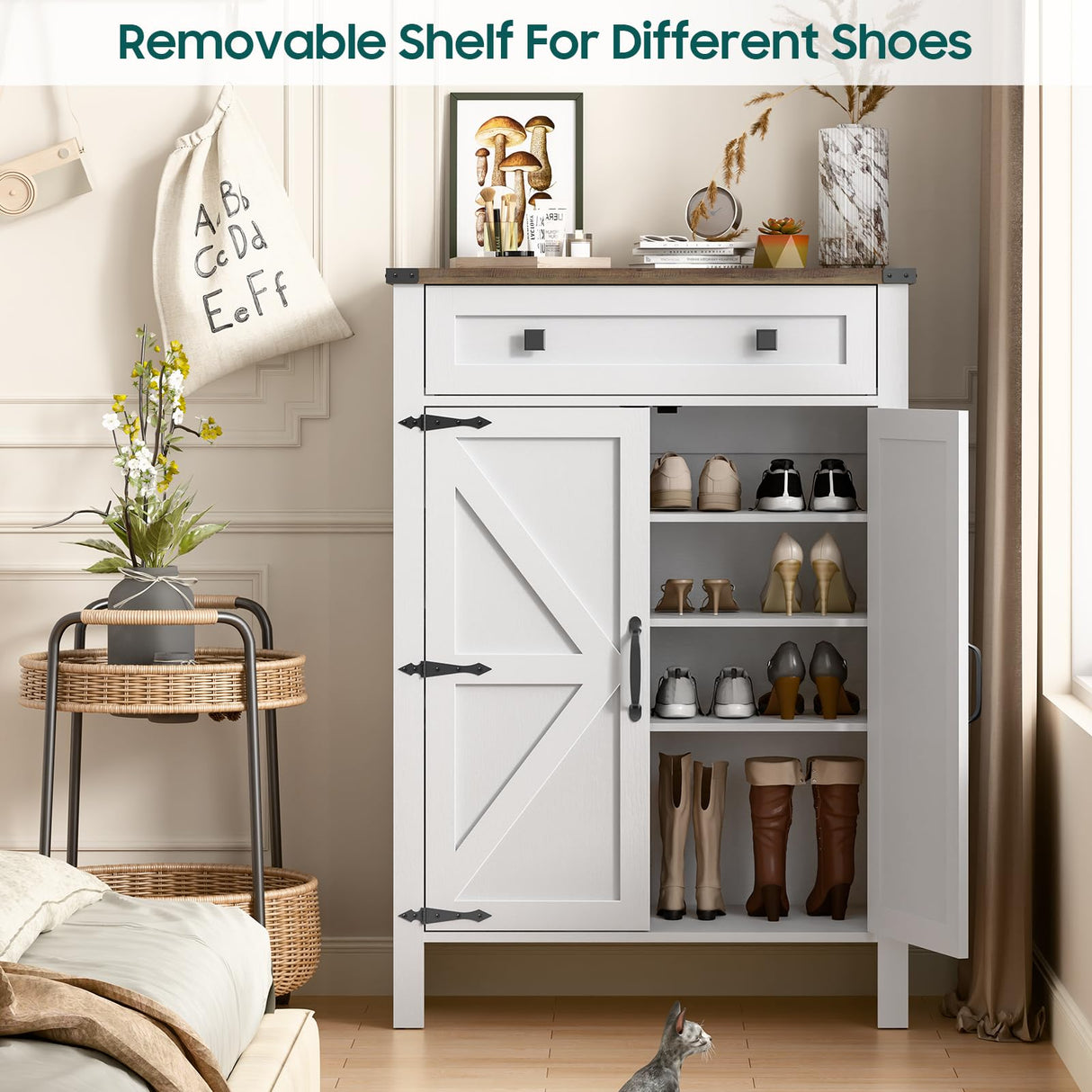 Shoe Storage Cabinet, 5-Tier Farmhouse Shoe Cabinet with Adjustable Shelves & Drawer, Wooden Shoes Rack Cabinets Storage Organizer with Doors for Entryway, Hallway, Closet, Living Room, White Vabches