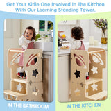 Toddler Tower, Toddler Stool for Kitchen, Kids Learning Wooden Tower, Foldable Weaning Table with Kids Step Stool, Montessori Toddler Standing Tower for Bathroom and Kitchen Counter DGD