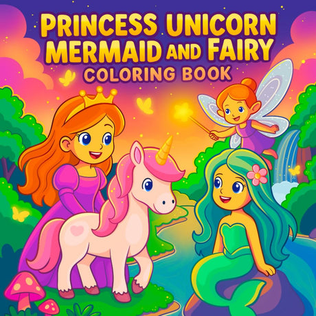Princess, Unicorn, Mermaid, and Fairy: Cute and Magical Coloring Book for Kids Ages 4-8 (Coloring Book For Girls) WoodArtSupply