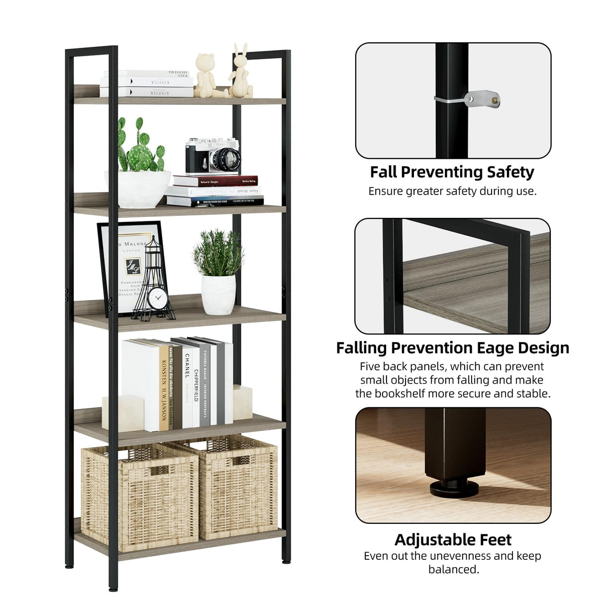 NUMENN Bookshelf, 5 Tier Bookshelves, Home Office Bookcase Shelf Storage Organizer, Free Standing Storage Shelving Unit for Bedroom, Living Room and Home Office, Grey NUMENN