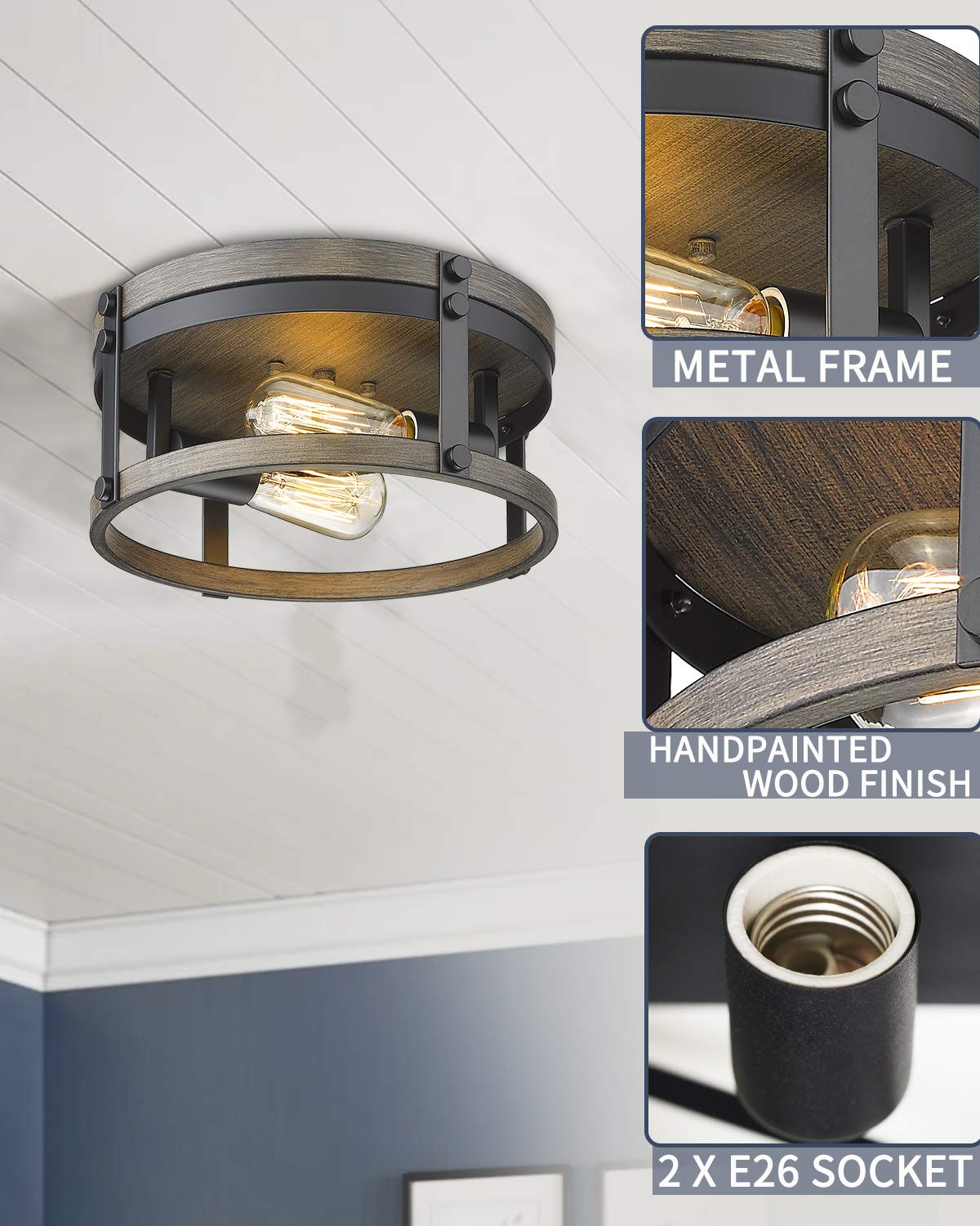 Osimir 2-Light Farmhouse Flush Mount Ceiling Light, 12 inch Kitchen Ceiling Light, Round Rustic Light Fixtures with Black & Wood Grain Finish for Entryway Hallway, OS-3016BK Osimir