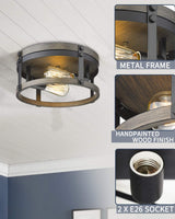 Osimir 2-Light Farmhouse Flush Mount Ceiling Light, 12 inch Kitchen Ceiling Light, Round Rustic Light Fixtures with Black & Wood Grain Finish for Entryway Hallway, OS-3016BK Osimir